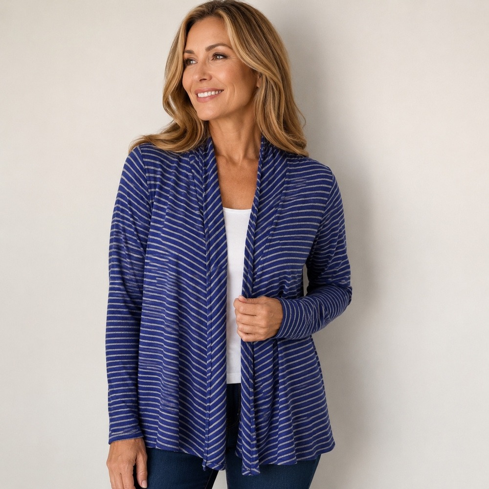 Chicos Zenergy Blue Grey Striped Open Front Cardigan Shawl Collar Size 1 M 8-10